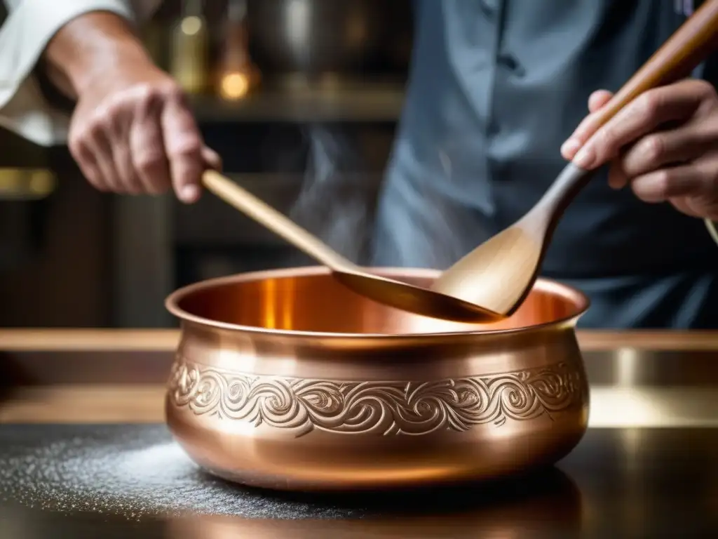 Un maestro chef remueve con delicadeza una olla de cobre brillante con salsa burbujeante