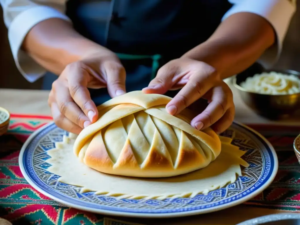 Arte uzbeko: Chef experto en Non, pan tradicional de Uzbekistán Un maestro chef uzbeko experto crea un pan tradicional 'non' con detalle y destreza, mostrando la rica cultura culinaria de Uzbekistán