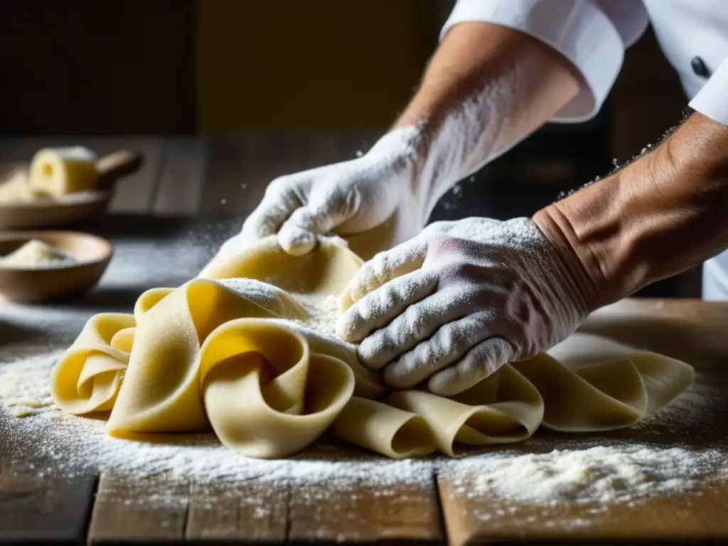 Un maestro chef italiano amasa pasta fresca en una encimera rústica, con luz natural