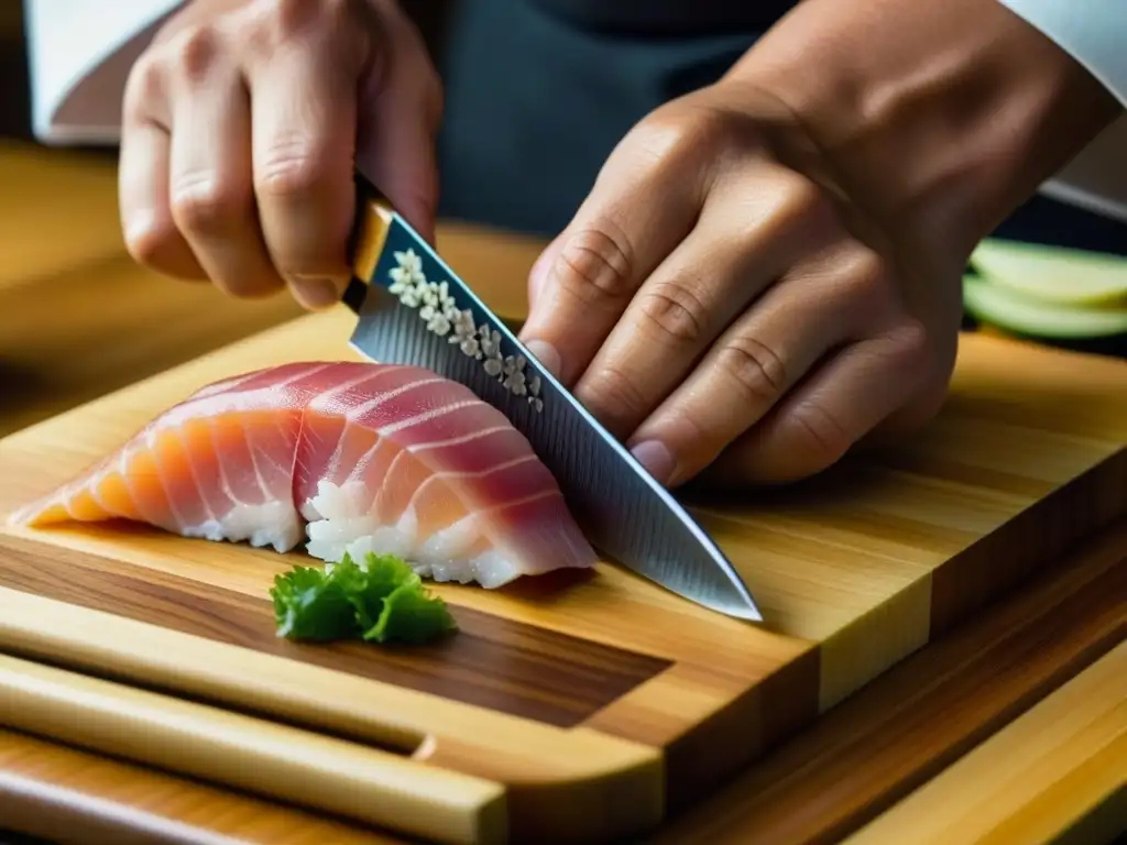 Un maestro chef japonés corta con precisión un delicado sashimi en una tabla de madera, evocando transformaciones mesa japonesa Era Edo