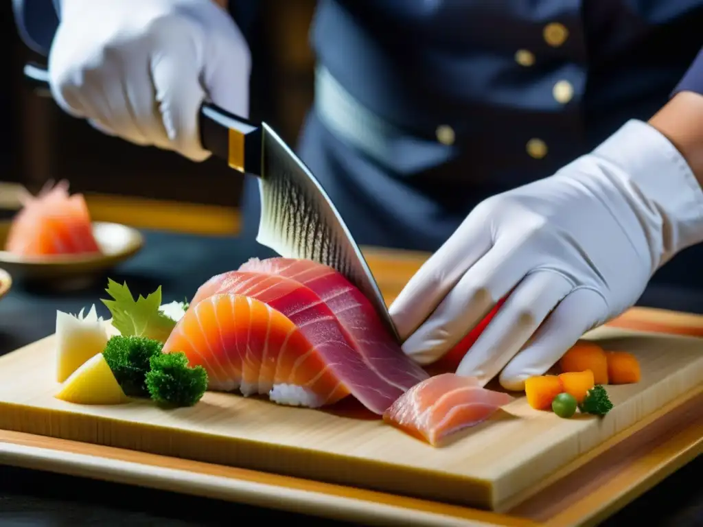 Un maestro chef japonés prepara con destreza un exquisito sashimi, demostrando la influencia japonesa en gastronomía histórica