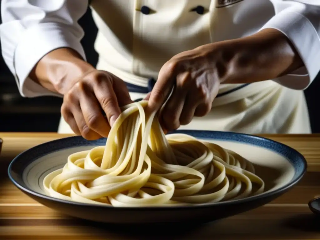 Un maestro chef japonés experto en la elaboración de fideos udon y soba históricos, mostrando destreza y dedicación en cada corte y doblez de la pasta fresca