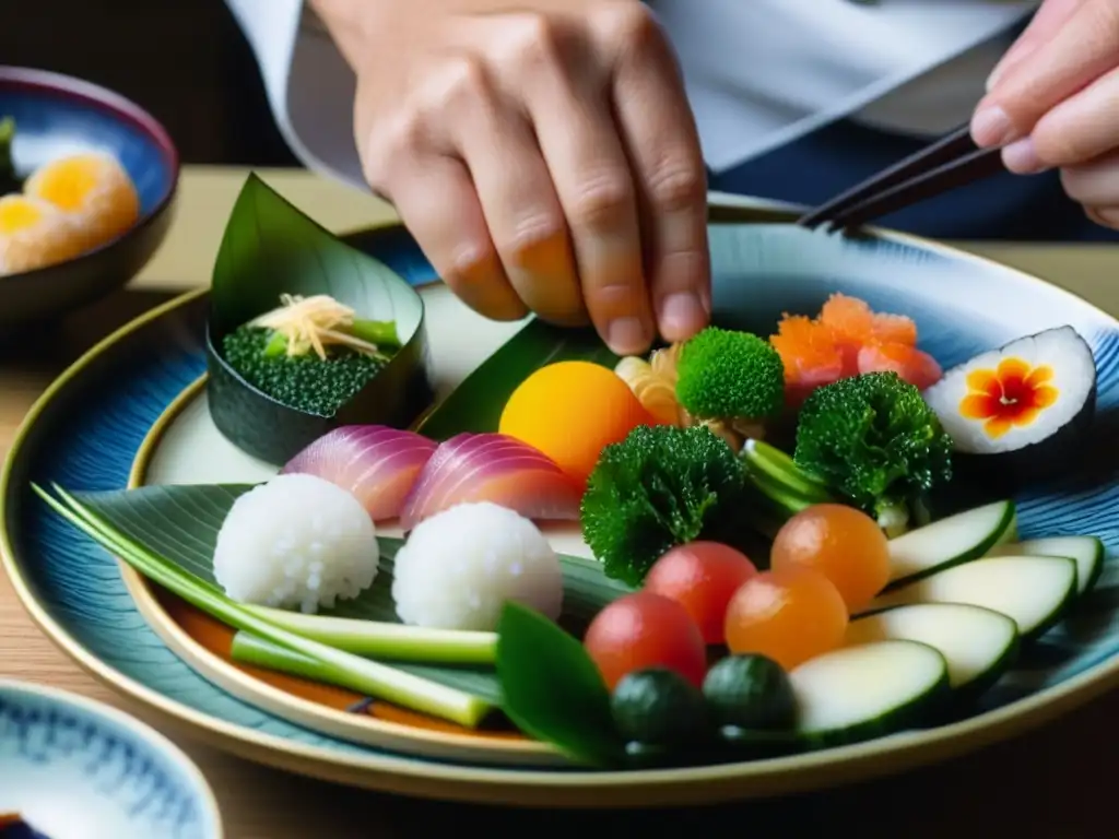 Un maestro chef japonés prepara meticulosamente un exquisito kaiseki con ingredientes frescos y coloridos