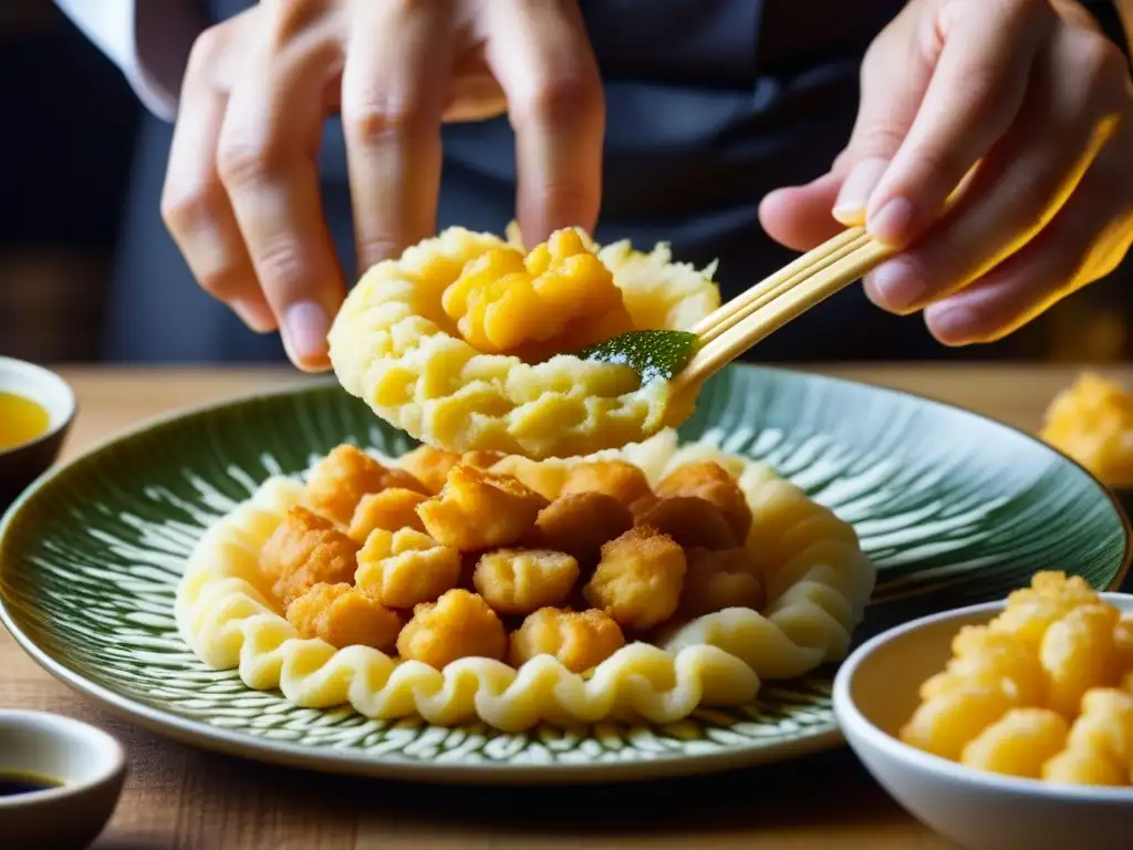 Un maestro chef japonés sumerge ingredientes en tempura dorada, mostrando la precisión en la historia de la tempura en Japón