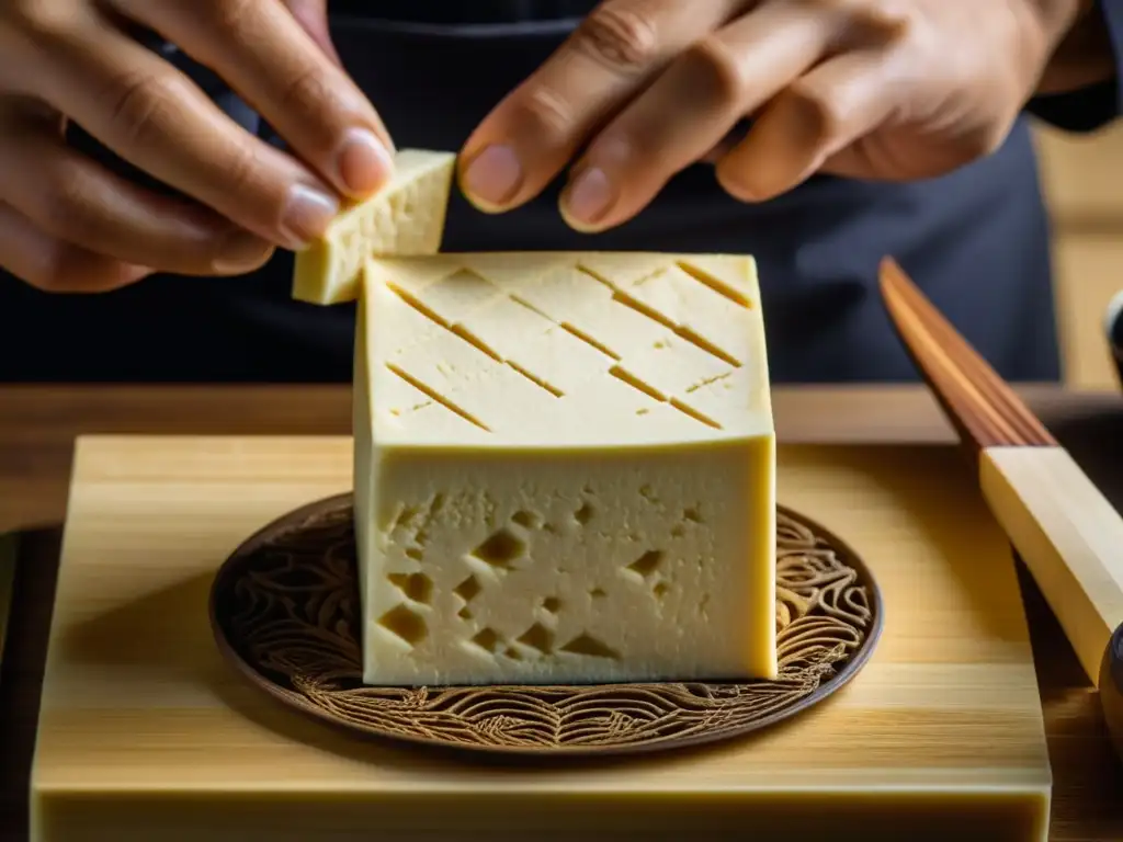 Maestro japonés transformando tofu con destreza Un maestro chef japonés transforma delicadamente tofu a mano, destacando la textura y el arte culinario