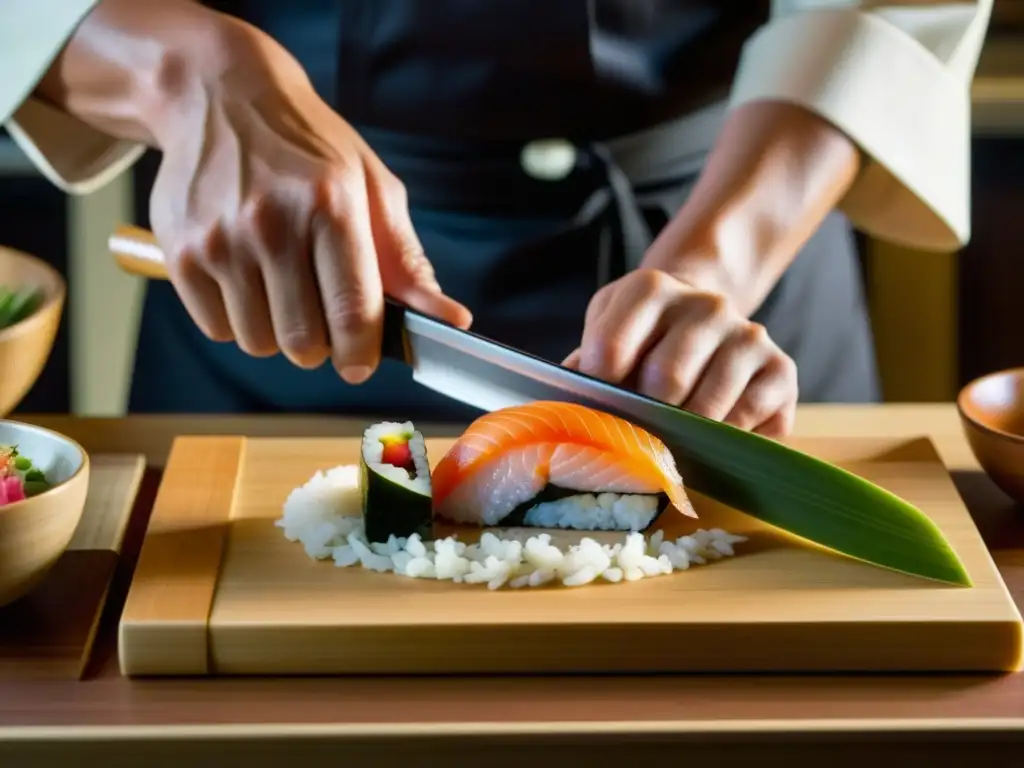 Un maestro chef japonés del período Meiji, elaborando sushi con delicadeza y precisión en una cocina tradicional japonesa