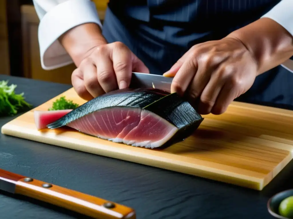 Un maestro chef japonés cortando con precisión un atún fresco, demostrando las técnicas de cocina japonesa milenarias