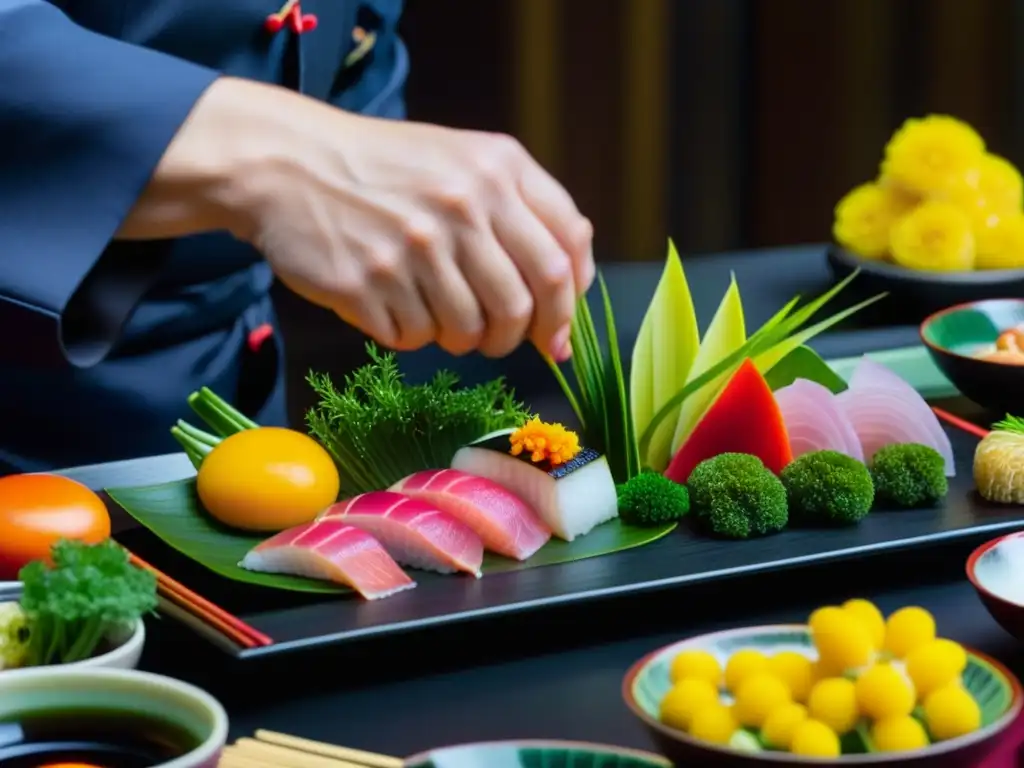 Un maestro chef japonés elabora un sofisticado plato de kaiseki contemporáneo, fusionando tradición e innovación culinaria