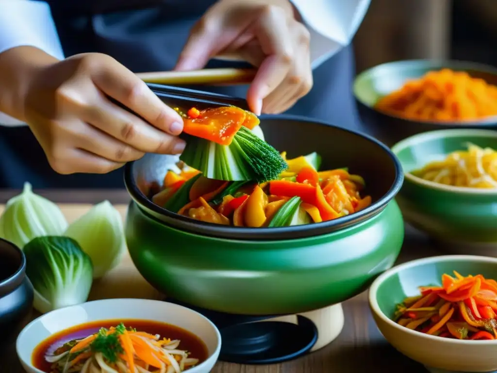 El maestro chef prepara kimchi coreano con recetas históricas de fermentación, resaltando colores y texturas