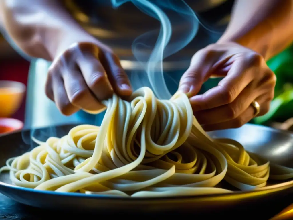 Un maestro chef crea patrones con destreza en fideos en una cocina fusión IndoChina, historia culinaria