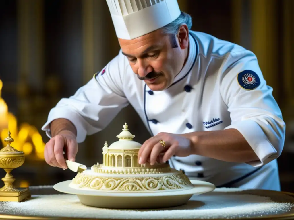 Un maestro chef esculpe con precisión una delicada escultura de azúcar en la cocina de corte en Versalles, destacando la artesanía culinaria