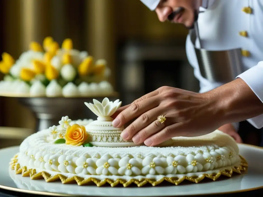 Un maestro chef real elabora una escultura de azúcar en un detallado y meticuloso closeup, en un palacio europeo