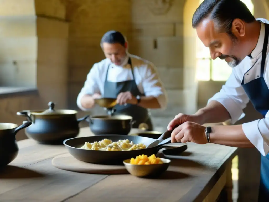 Un maestro chef elaborando una receta histórica en la cocina del Château de Chenonceau, mostrando detalles y técnicas culinarias