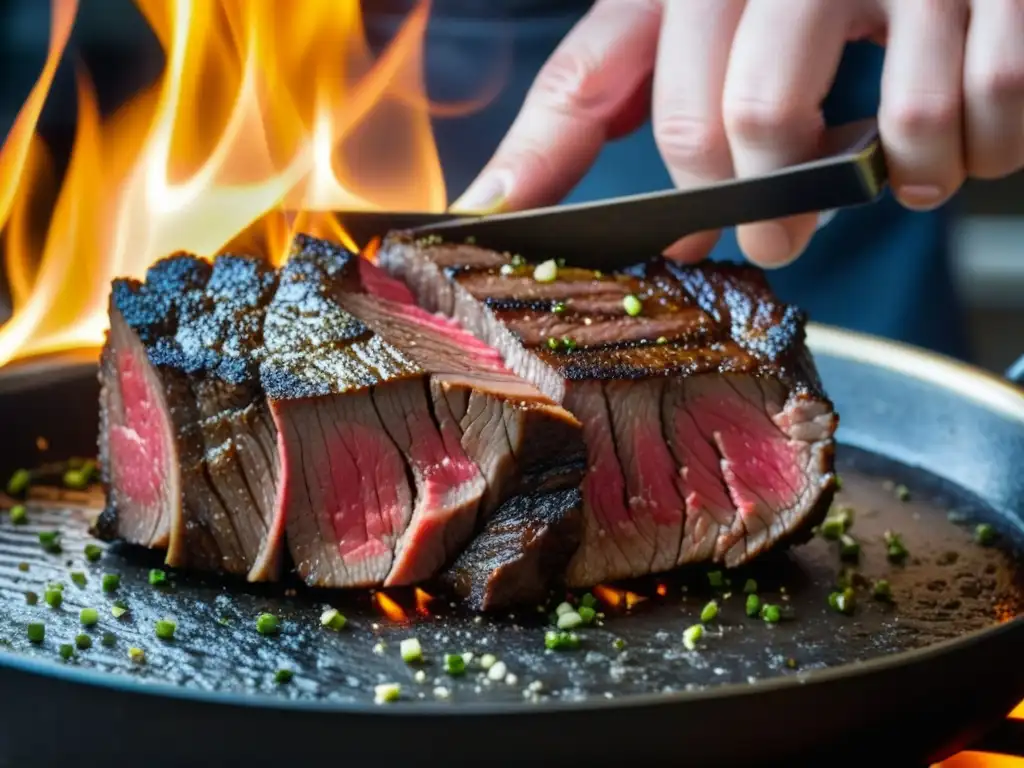 Un maestro chef preparando un suculento filete de carne Wagyu en una sartén de hierro