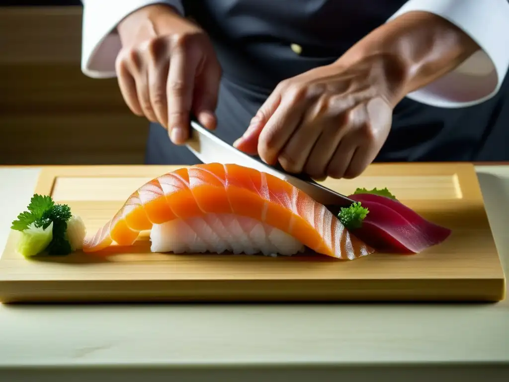 Un maestro chef de sushi corta con precisión y destreza sashimi fresco, mostrando la transformación de la cocina japonesa en la era moderna