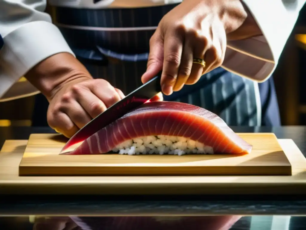 Maestro sushi cortando atún fresco con precisión Un maestro chef de sushi corta con precisión un trozo de atún fresco