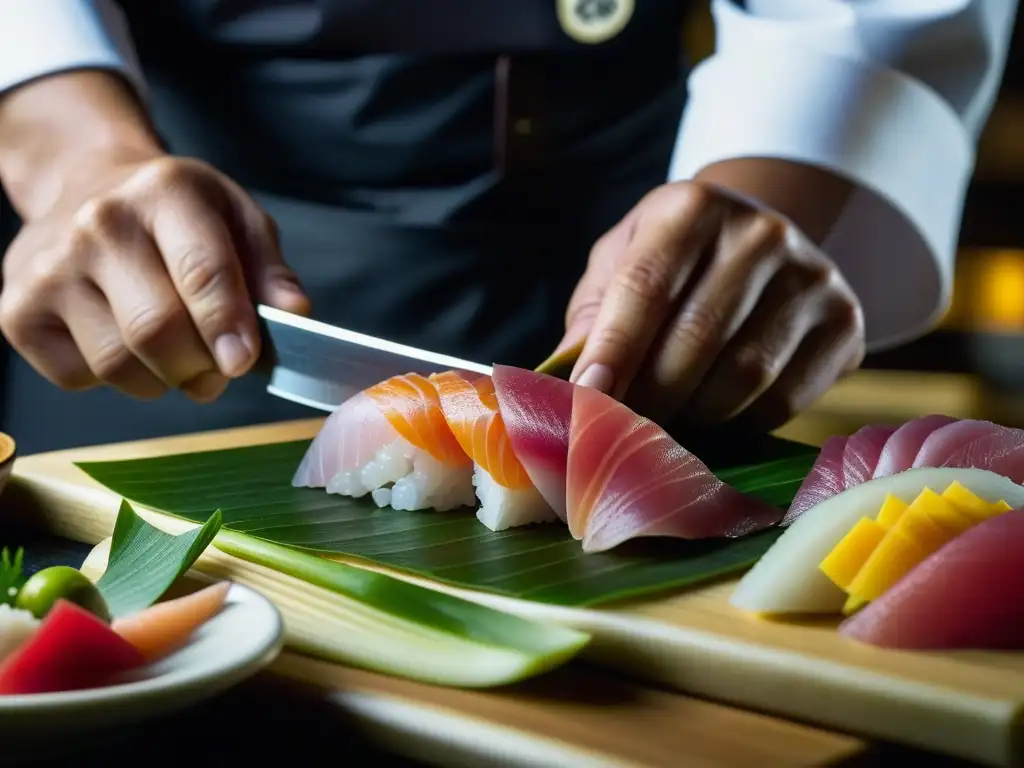 Un maestro chef de sushi corta expertamente sashimi fresco, mostrando precisión y arte en la influencia culinaria asiática en Pacífico