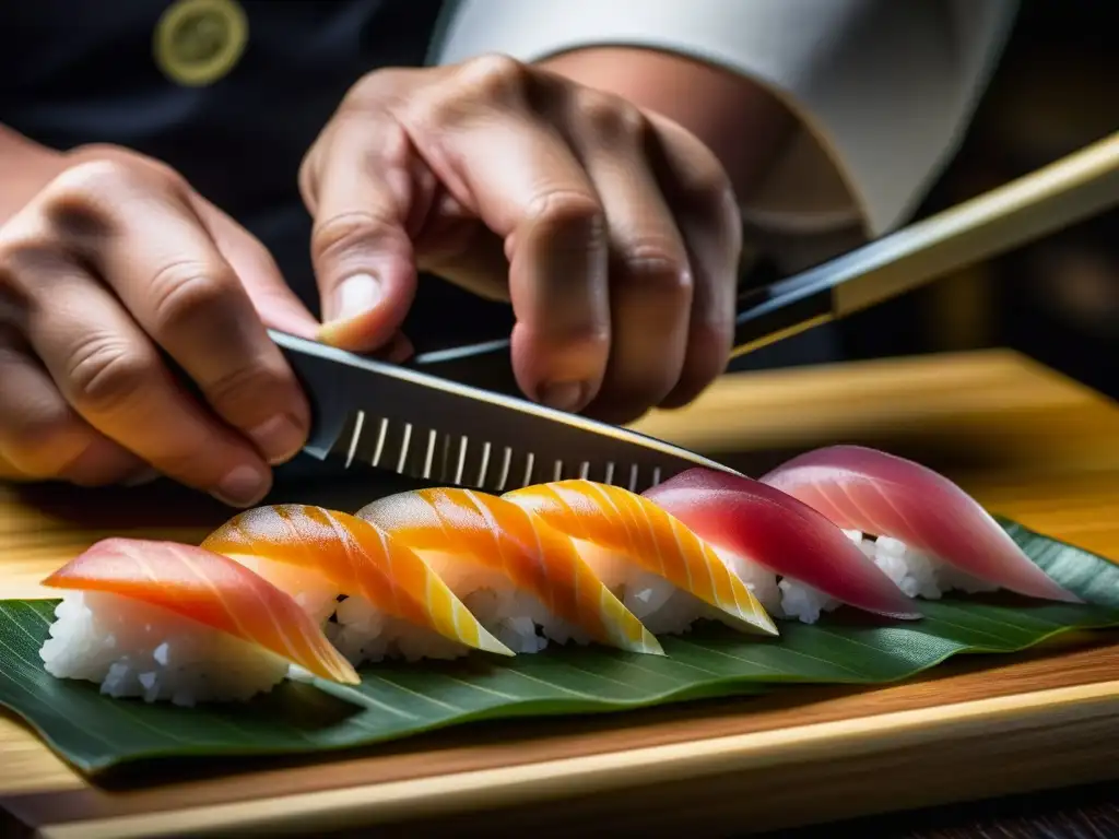 Un maestro chef de sushi corta hábilmente sashimi fresco en una imagen detallada, resaltando la historia y tradiciones de la cocina japonesa