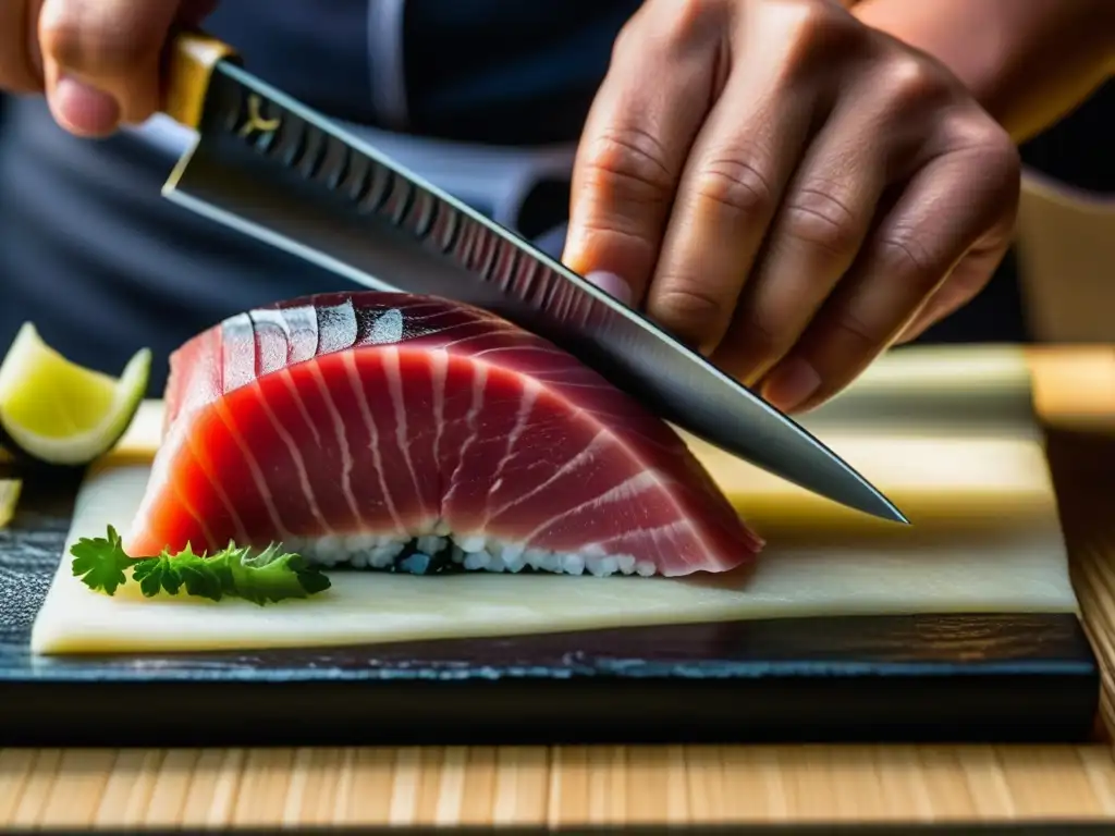 Sashimi de atún: corte preciso y fusión culinaria Un maestro chef de sushi corta con precisión el atún fresco, destacando la influencia japonesa en recetas peruanas