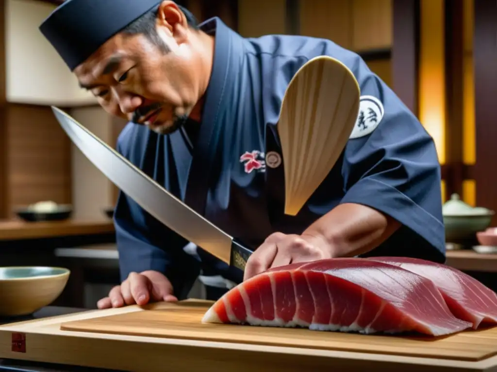 Un maestro chef de sushi cortando un filete de atún perfectamente marmoleado, con utensilios tradicionales japoneses en un fondo histórico