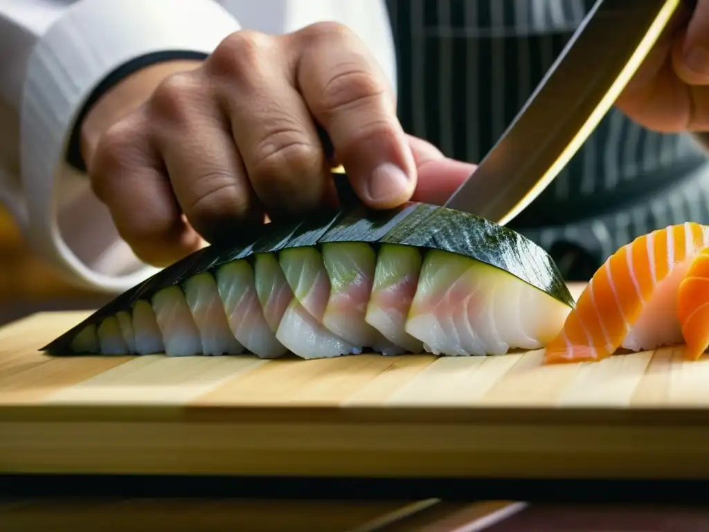 Maestro chef de sushi cortando sashimi con precisión y enfoque, capturando la esencia de la expansión cocina japonesa Era Meiji