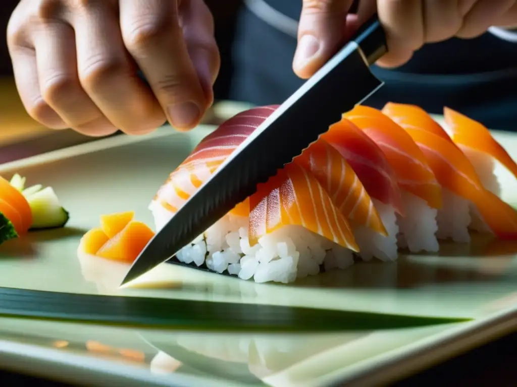 Un maestro chef de sushi cortando sashimi fresco con destreza, reflejando la influencia japonesa en gastronomía histórica