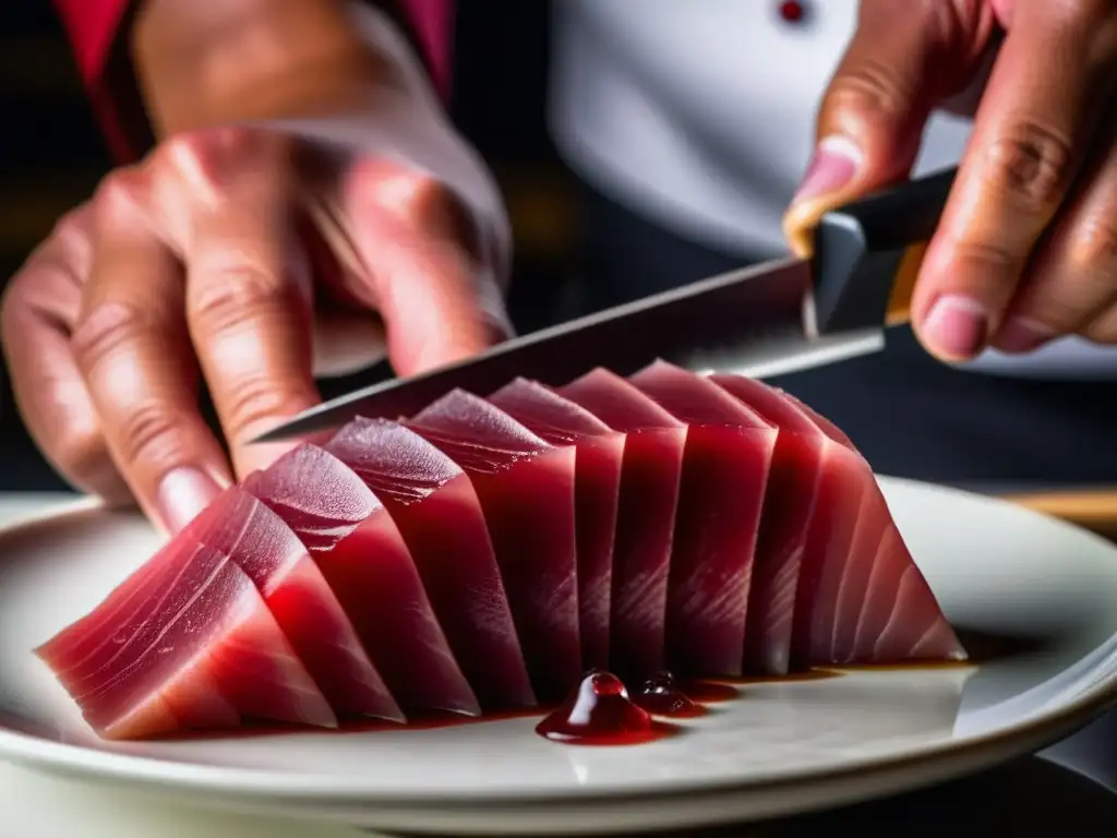 Un maestro chef de sushi cortando delicadamente sashimi de atún rojo fresco en la historia cocina japonesa tradiciones