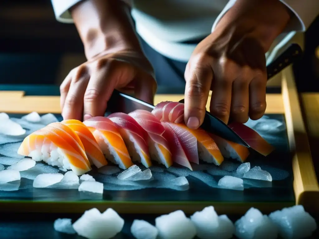 Un maestro chef de sushi cortando sashimi con precisión y destreza