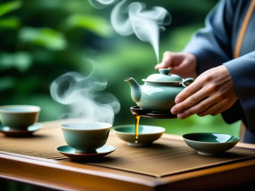 El maestro de té chino vierte con elegancia en tazas de porcelana, evocando la historia del té en China