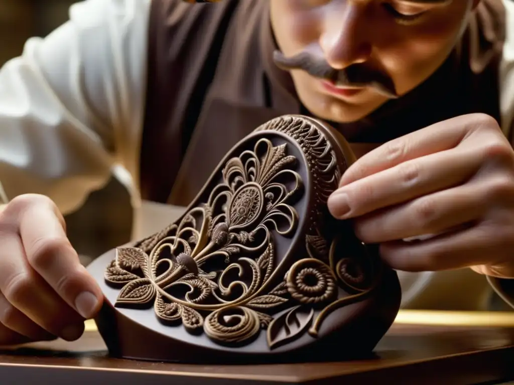 Un maestro chocolatero belga crea una escultura de chocolate con detalle, destacando el origen histórico del cacao en Bélgica