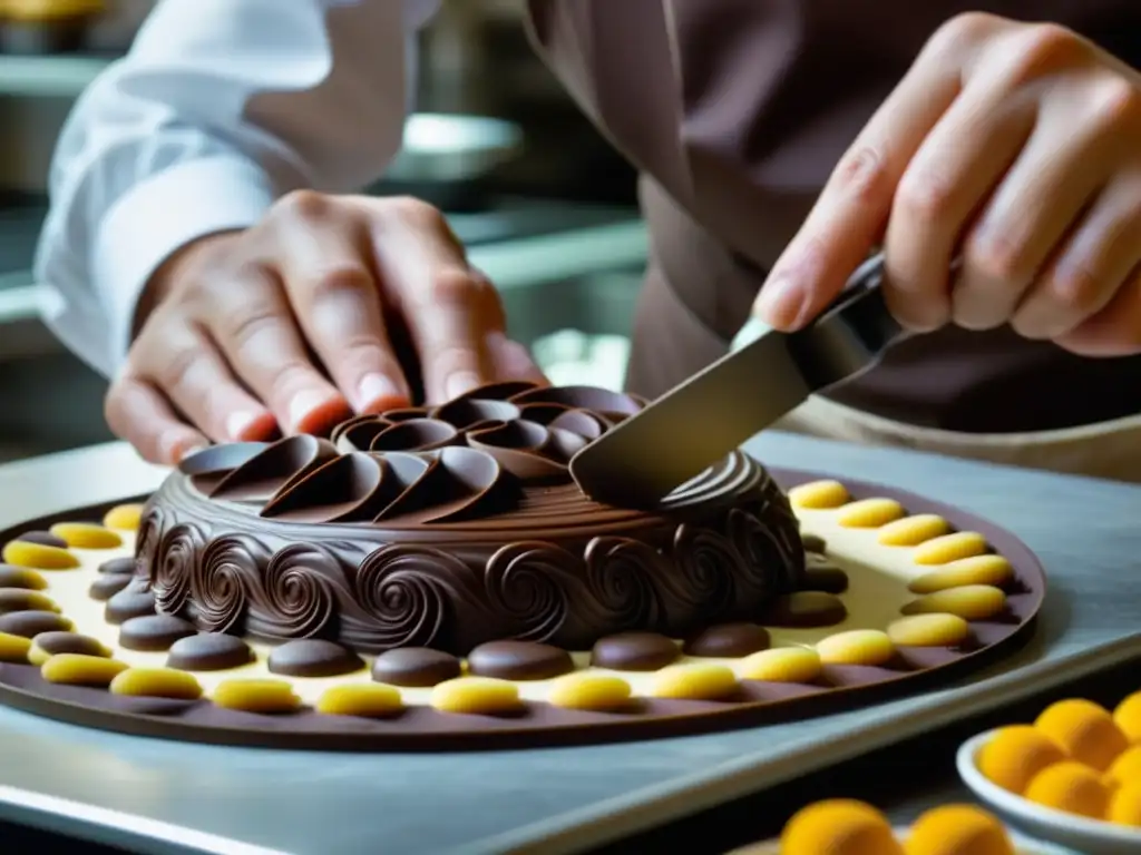 Un maestro chocolatero elabora decoraciones de chocolate en postre europeo