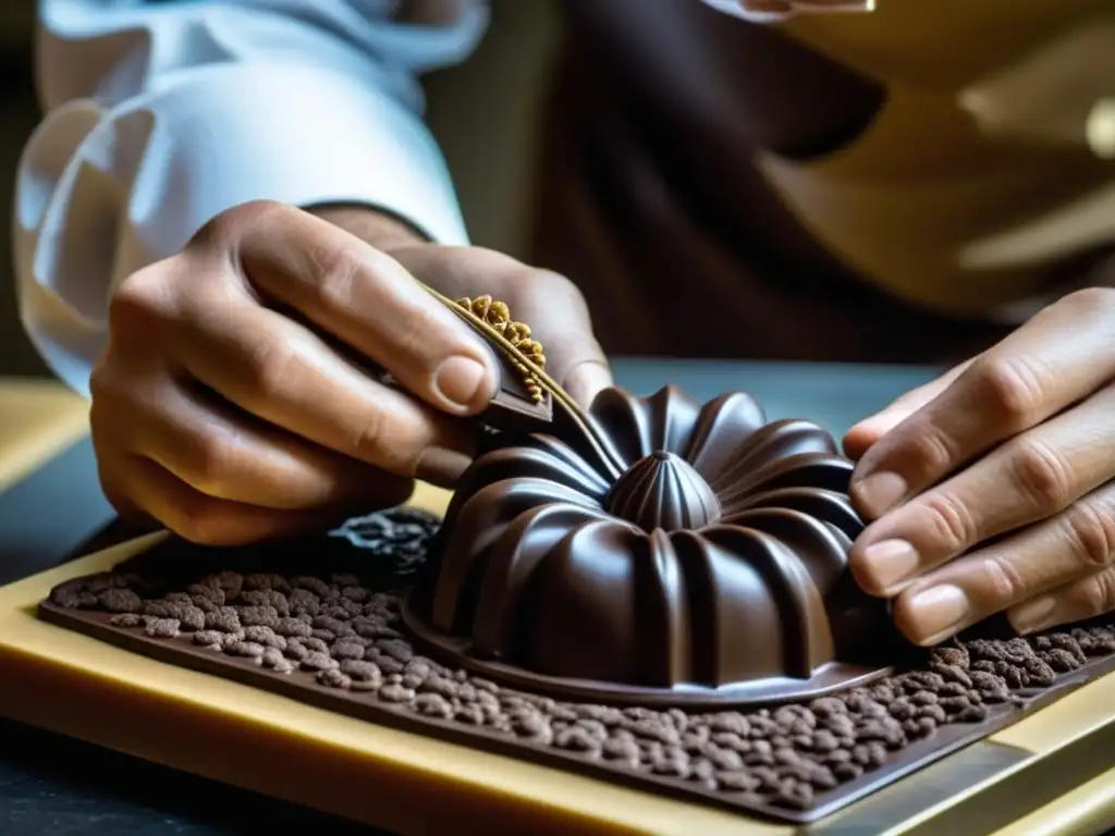 Un maestro chocolatero en Bariloche moldea con destreza una escultura de chocolate, reflejando la historia y tradición de la chocolatería en la zona