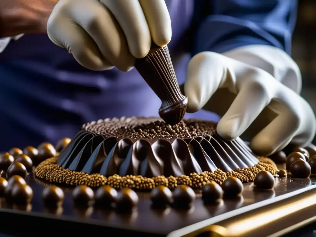 Un maestro chocolatero español moldea con precisión una escultura de chocolate, mostrando la influencia de la repostería española