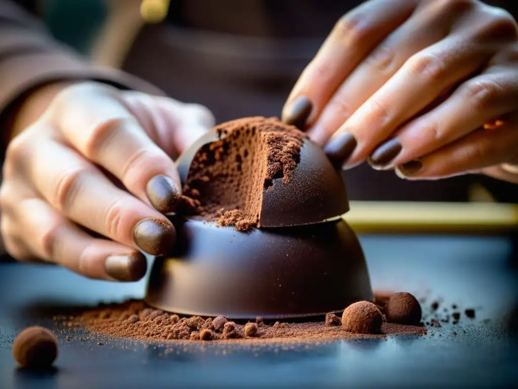 El maestro chocolatero europeo crea un exquisito trufa de chocolate, mostrando la historia del cacao en Europa