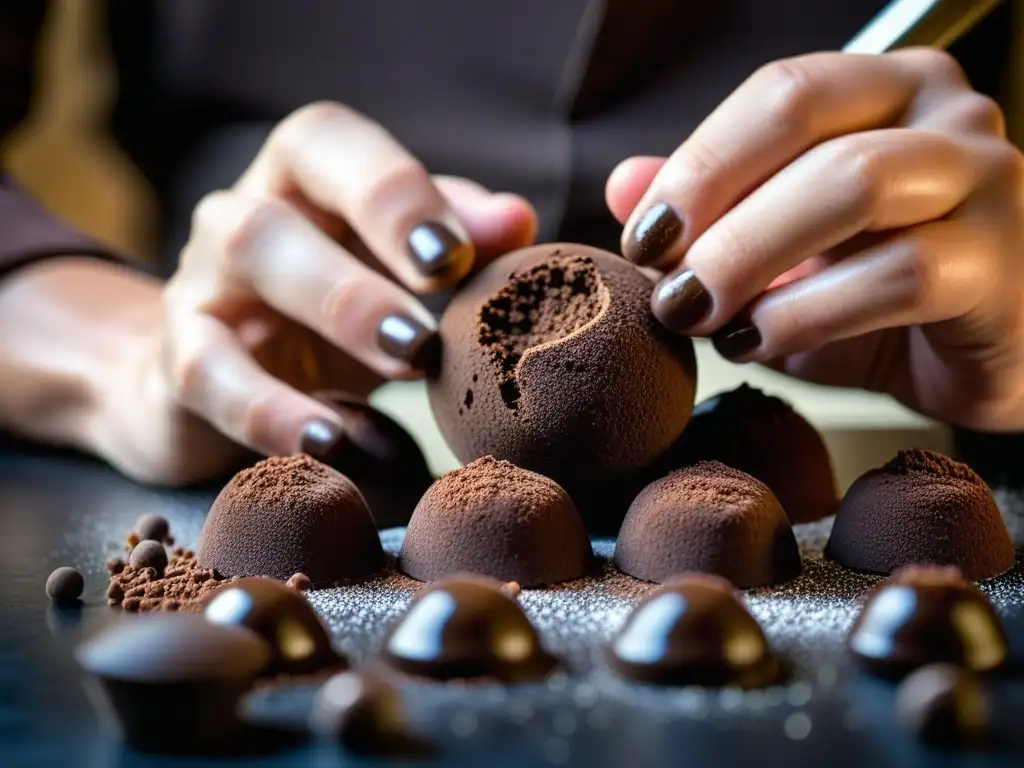 Un maestro chocolatero europeo moldea trufas con destreza, en un entorno lleno de historia del cacao en Europa