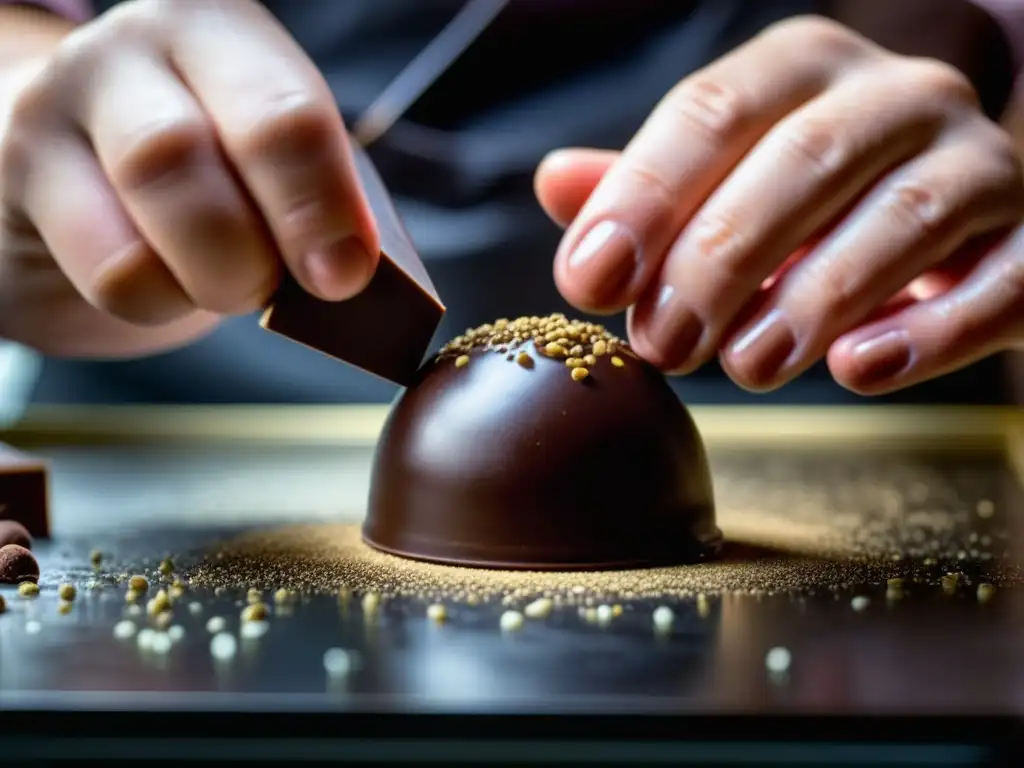 Un maestro chocolatero creando un exquisito bonbón de chocolate artesanal en América Latina