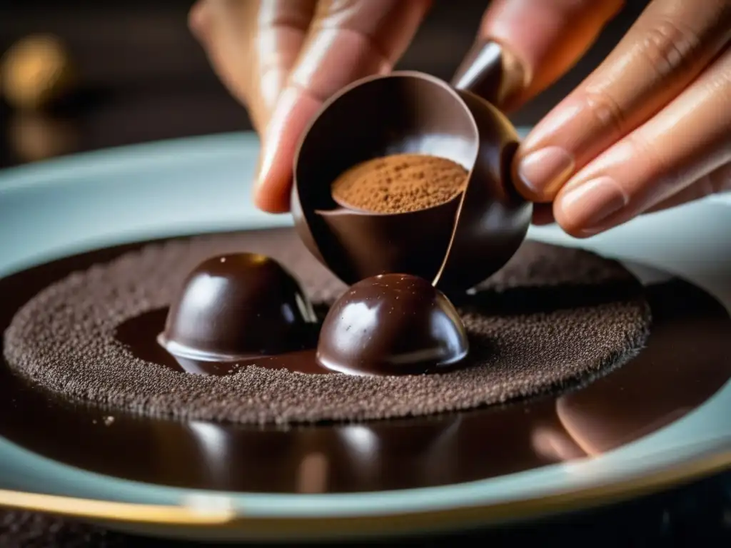 Un maestro chocolatero sumerge un trufa recién hecha en un baño de chocolate oscuro brillante en una chocolatería histórica de Bariloche