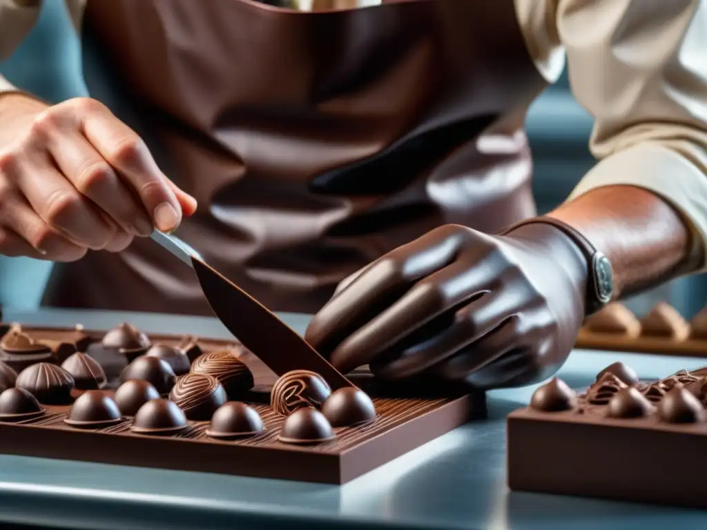 Un maestro chocolatero moldea a mano una escultura de chocolate, capturando la historia del chocolate en recetas con detalle y destreza artesanal