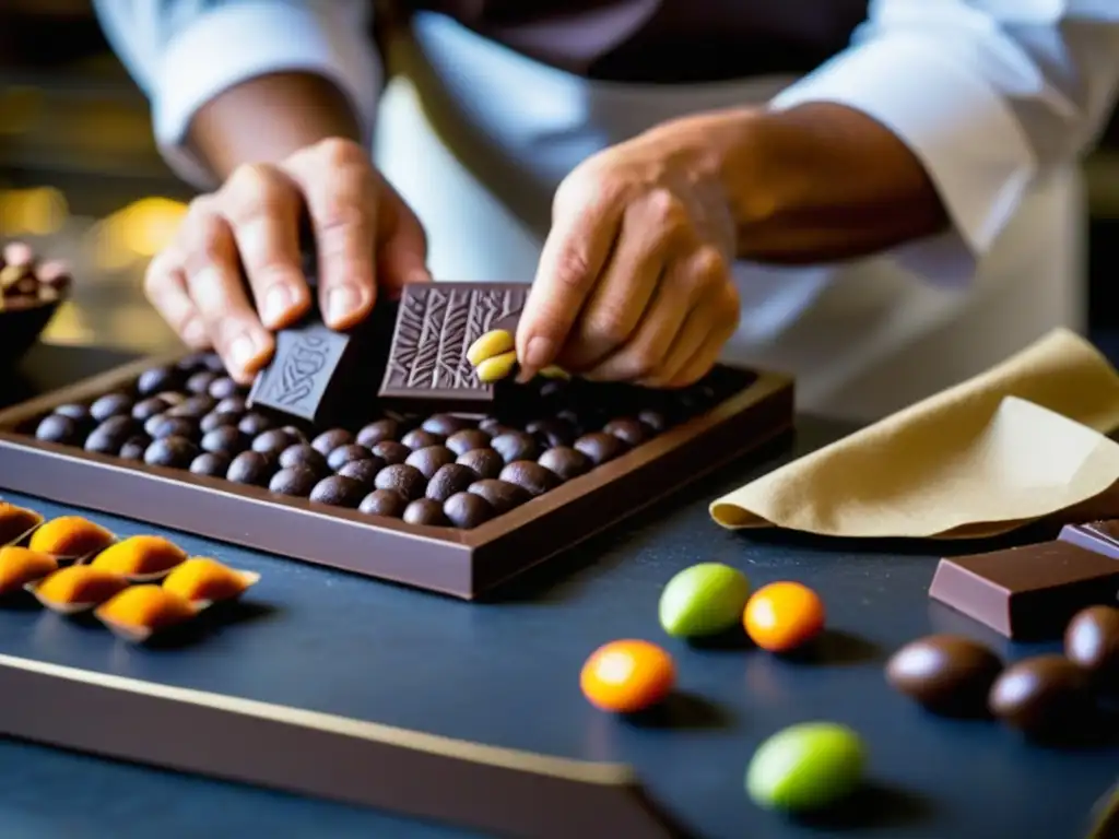 Un maestro chocolatero en un mercado latinoamericano creando chocolate artesanal