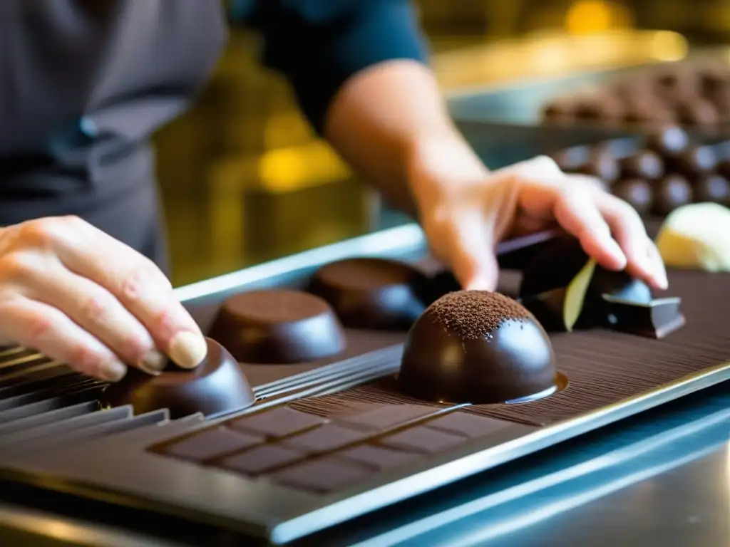 Un maestro chocolatero de Bariloche moldea un trufa con detalle y destreza, mostrando la historia de los chocolates Bariloche inmigración