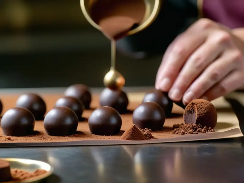 Un maestro chocolatero elabora trufas artesanales en un taller europeo