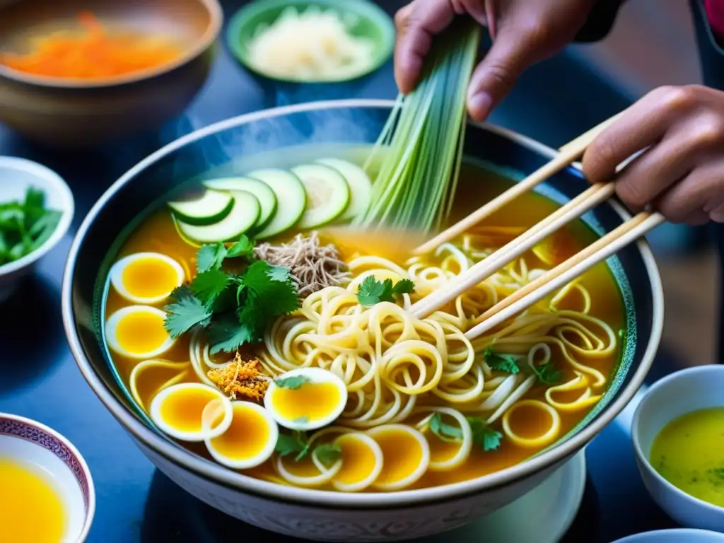 Un maestro de la cocina callejera del Sudeste Asiático crea una deliciosa sopa de fideos, desplegando una historia culinaria vibrante y aromática