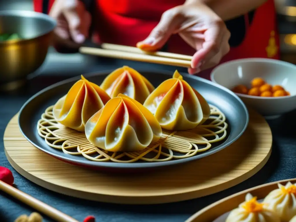 El maestro cocinero da vida a un dumpling en forma de dragón rojo y dorado en una cocina festiva, mostrando el significado gastronomía Año Nuevo Lunar