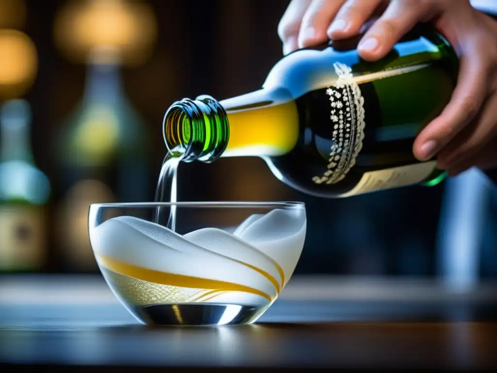 Un maestro coctelero vierte sake premium en un vaso artesanal, mostrando la transparencia y pureza