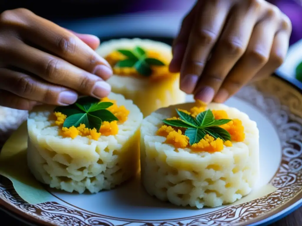 El maestro culinario moldea con destreza arroz glutinoso en pasteles tradicionales del sudeste asiático