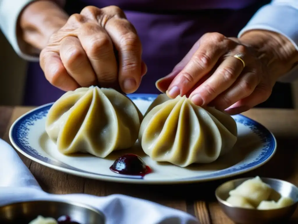 El maestro culinario moldea con destreza un knödel de ciruela, resaltando la receta tradicional de knödel de ciruela