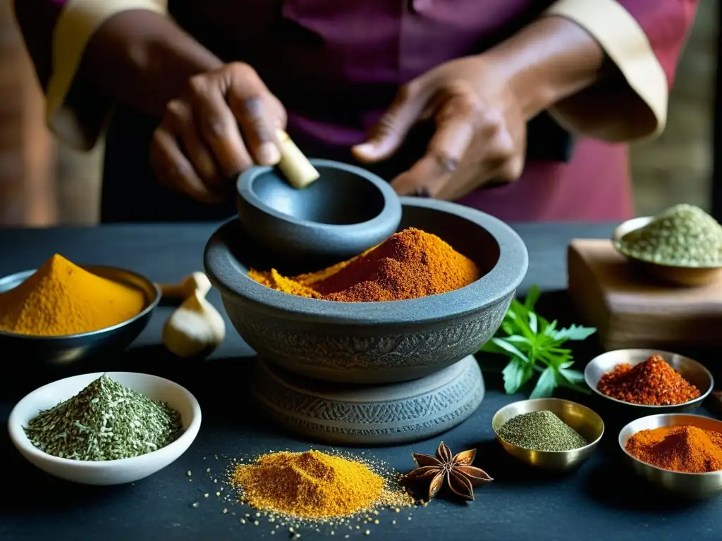 Maestro culinario indio mezclando especias en mortero de piedra, manos expertas revelan recetas históricas India relevancia cultural