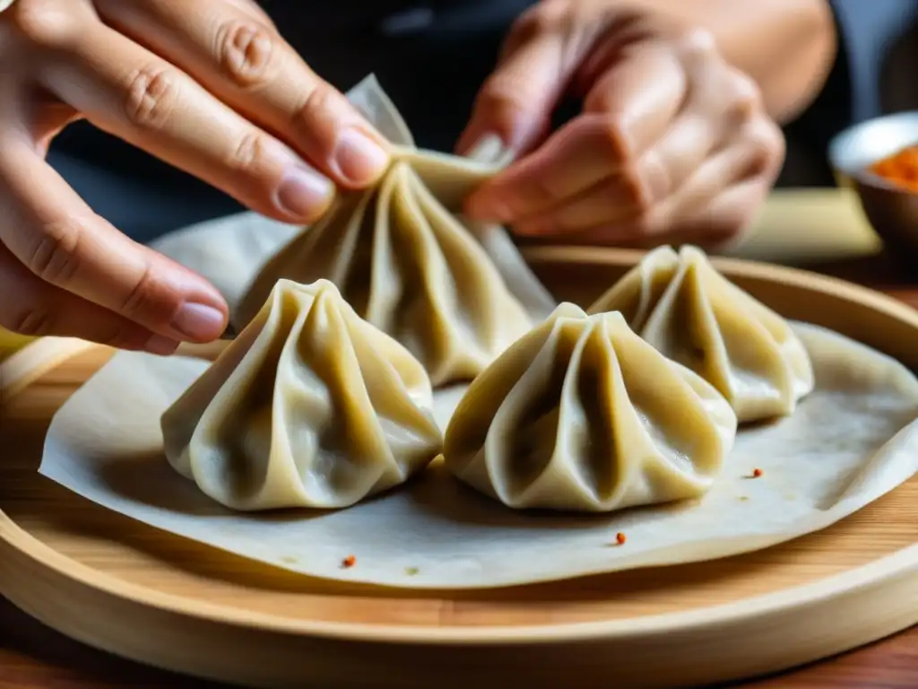 Un maestro culinario prepara dumplings detalladamente, destacando los pliegues de la masa y relleno