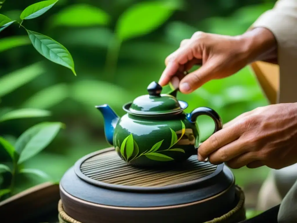 Un maestro del té en IndoChina prepara con destreza las hojas de té en una ceremonia serena en una plantación exuberante