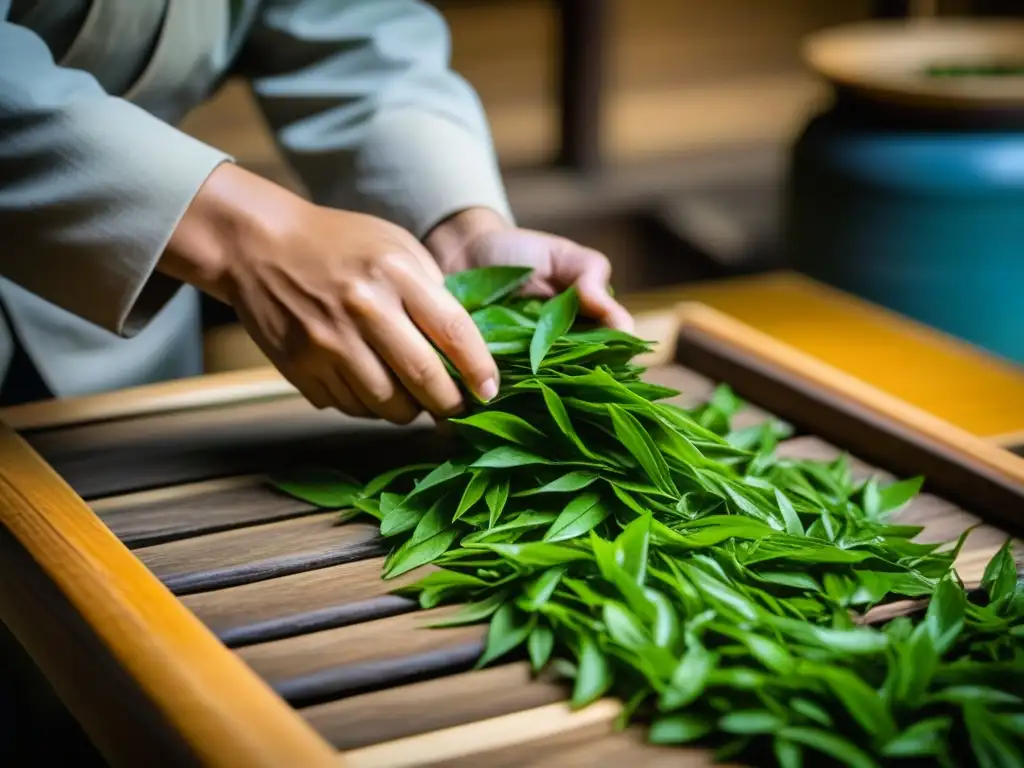 Un maestro del té en China enrola con destreza hojas verdes en un taller tradicional de Hangzhou, resaltando la historia del té en China